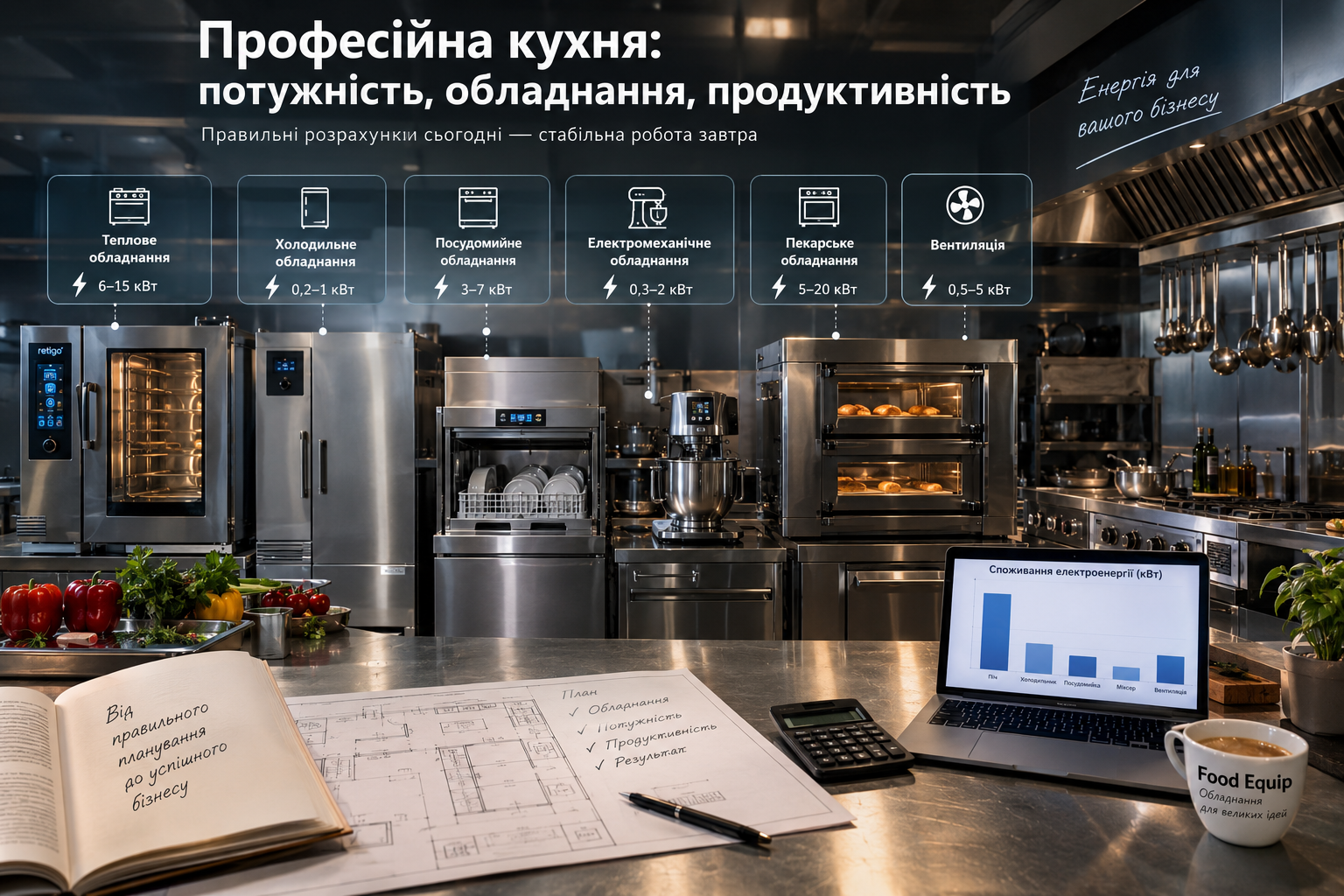 Розрахунок електричної потужності професійної кухні ресторану, кафе та пекарні &mdash; обладнання Food Equip
