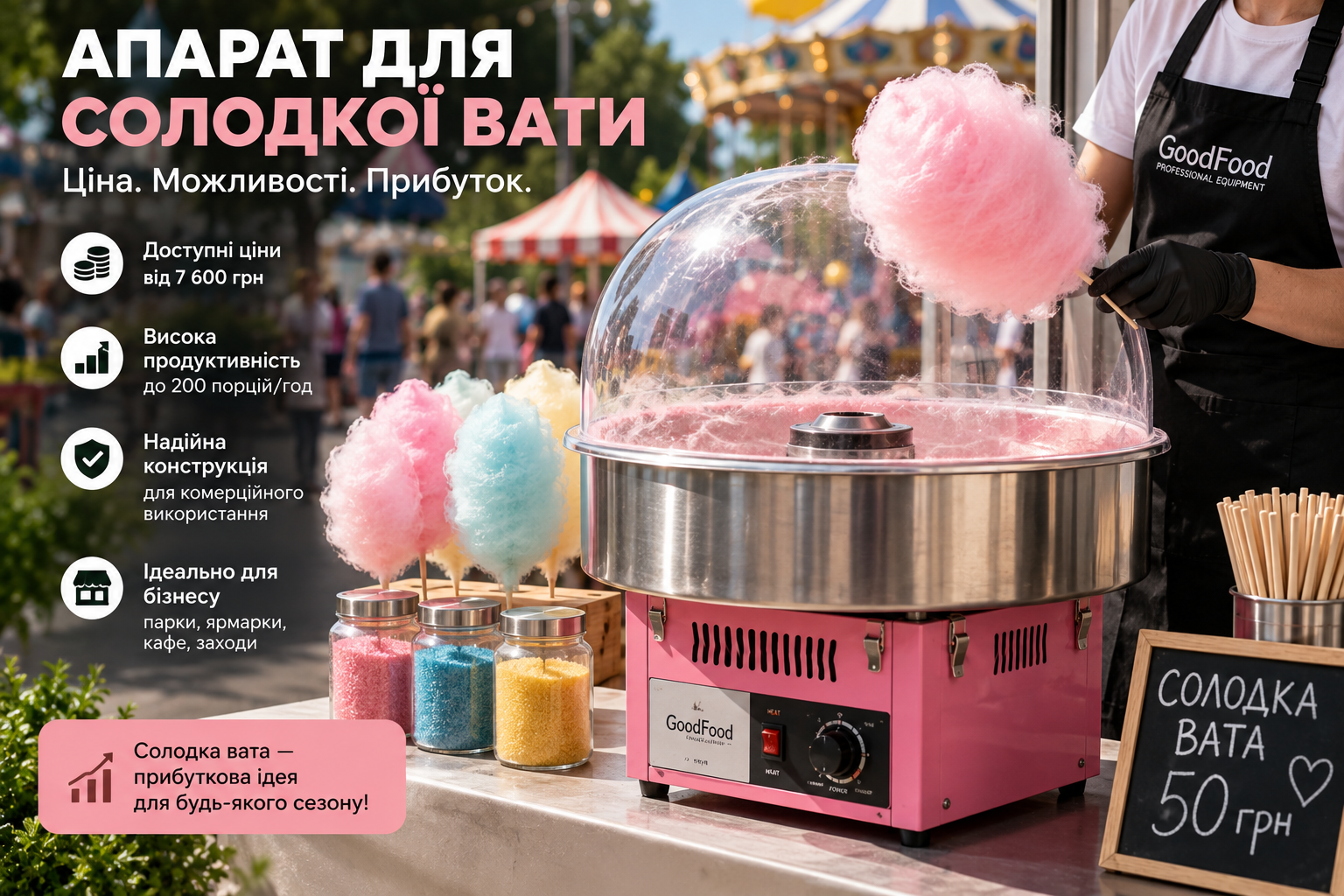 Професійний апарат для виготовлення солодкої вати на торговій точці. Приклад обладнання для парків, ярмарків, кафе, дитячих центрів, фестивалів та виїзної торгівлі. На зображенні показано процес приготування солодкої вати, готовий продукт та основні параметри вибору обладнання для комерційного використання.