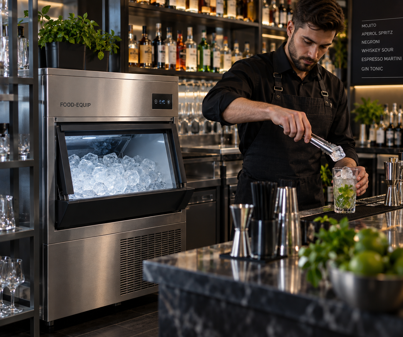 Професійний льодогенератор Food-Equip для ресторану, кафе та бару — виробництво кубикового льоду для коктейлів і холодних напоїв