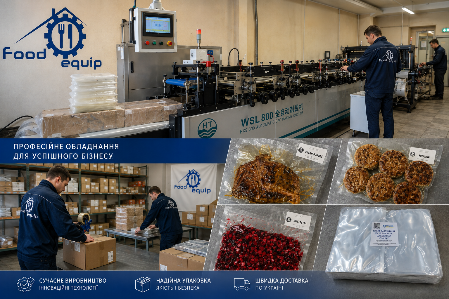 Професійне обладнання Food Equip для виробництва та пакування продуктів — сучасне виробництво, вакуумне пакування, склад і доставка обладнання по Україні