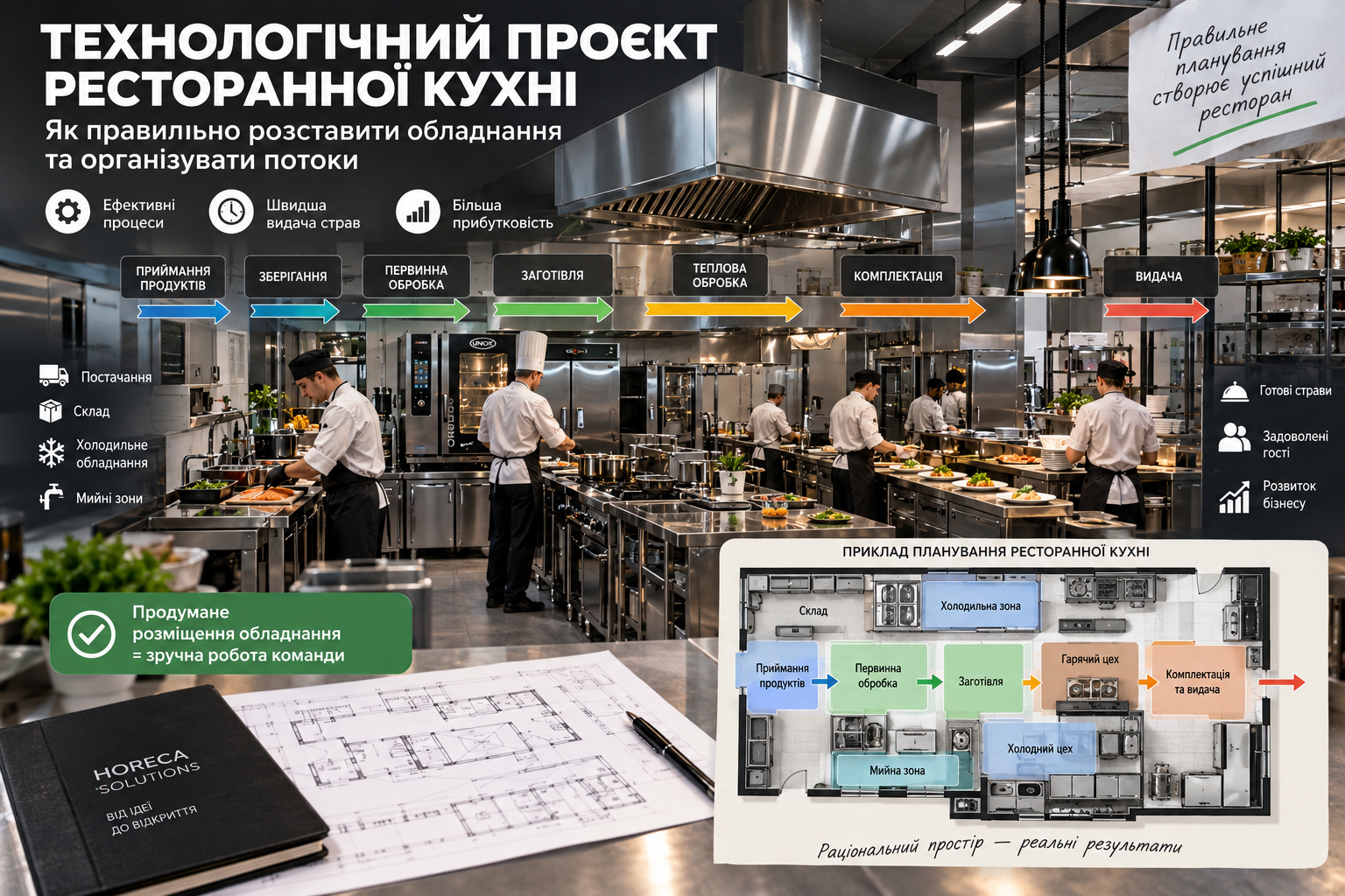 Схема технологічного проєкту професійної ресторанної кухні: приймання та зберігання продуктів, первинна обробка, заготівля, гарячий і холодний цехи, комплектація та видача страв. Приклад правильного зонування, розстановки обладнання й організації робочих потоків для ресторану, кафе та інших закладів HoReCa від Food-Equip.