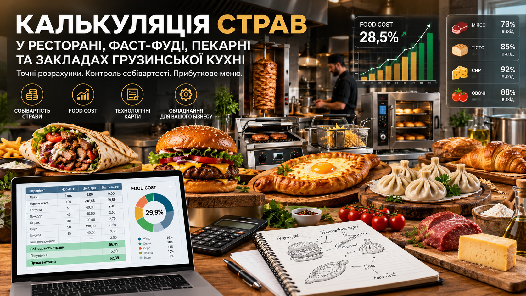 Калькуляция блюд в ресторане и фаст-фуде — себестоимость и Food Cost Профессиональная калькуляция блюд для ресторана, фаст-фуда, пекарни и заведений грузинской кухни. На изображении представлены шаурма, бургер, хачапури, хинкали, выпечка, профессиональное кухонное оборудование, таблица себестоимости, технологическая карта и расчет Food Cost.